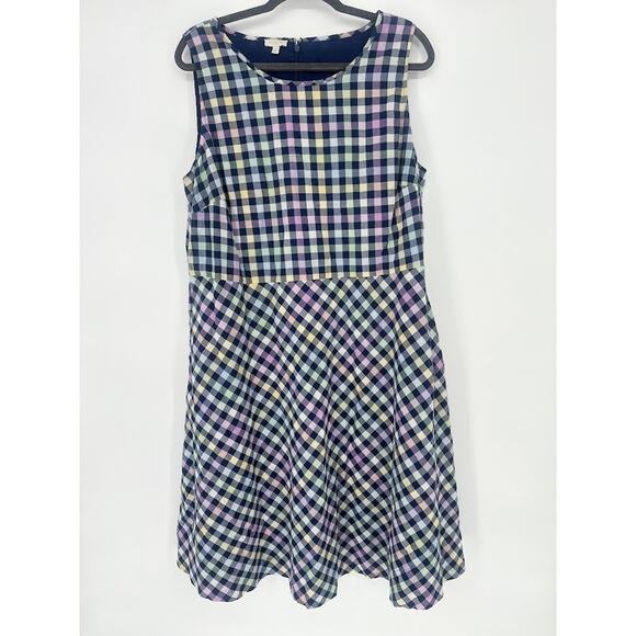 Talbots Dress 14W Rainbow Gingham Sleeveless Preppy Midi Cotton Retro Fit Flare - Picture 1 of 8